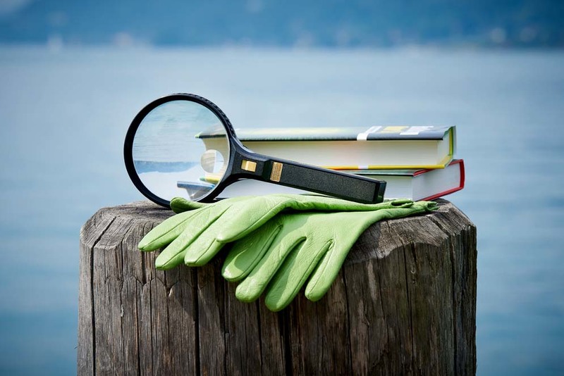 Handschuhe, Lupe und Bücher auf Holz